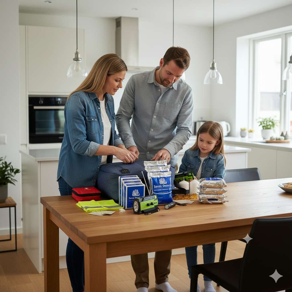 Noodpakket in huis - Gezin met noodpakket op keukentafel